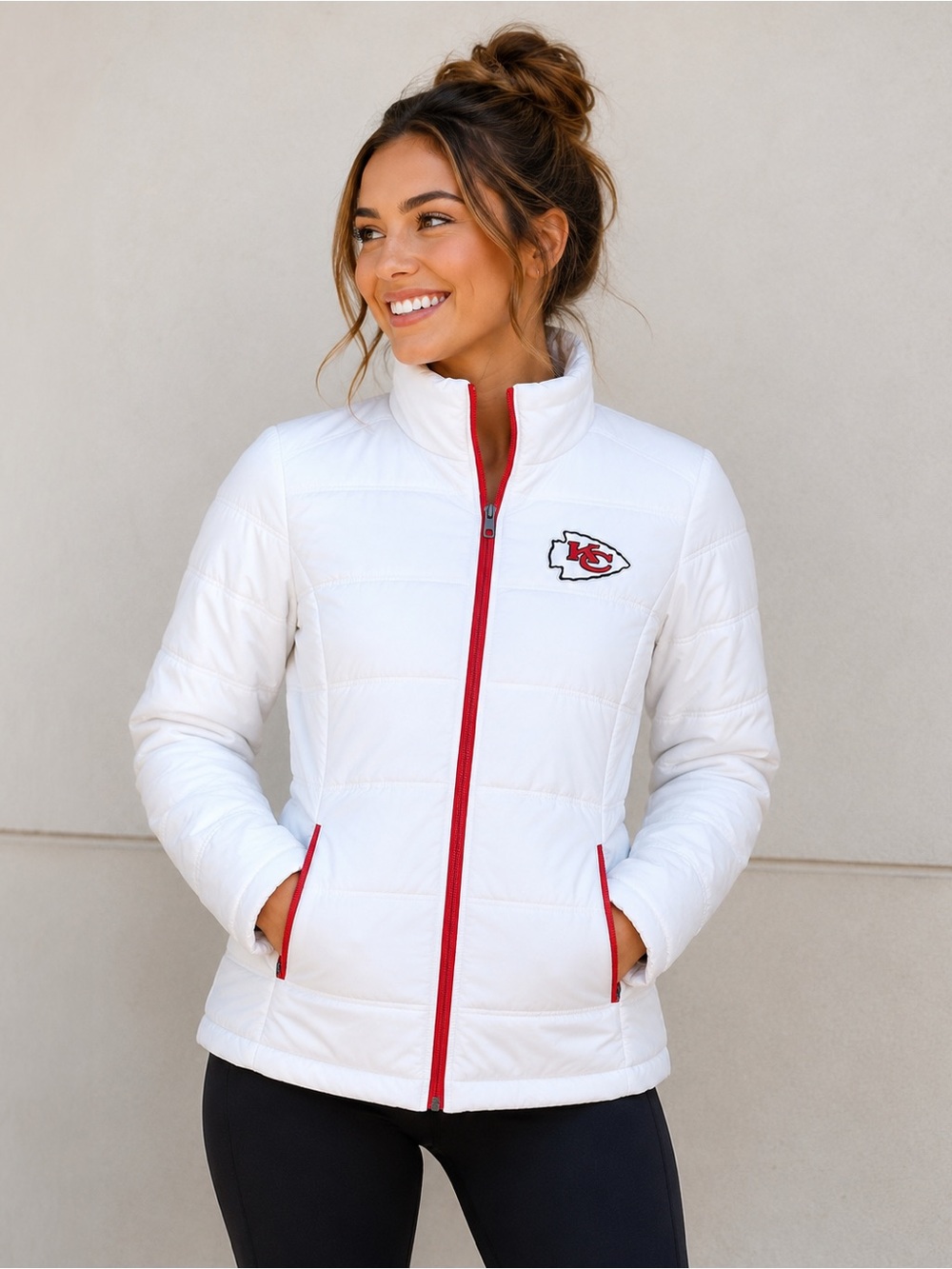 Kansas City Chiefs Women's White Quilted Puffer Jacket with Red Trim -